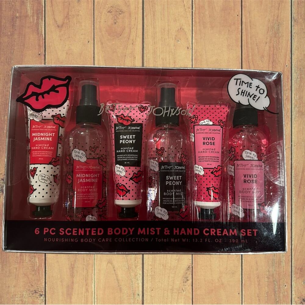 NIB Betsey Johnson 6pc Scented Body Mist Cream Set Midnight Jasmine Sweet Peony